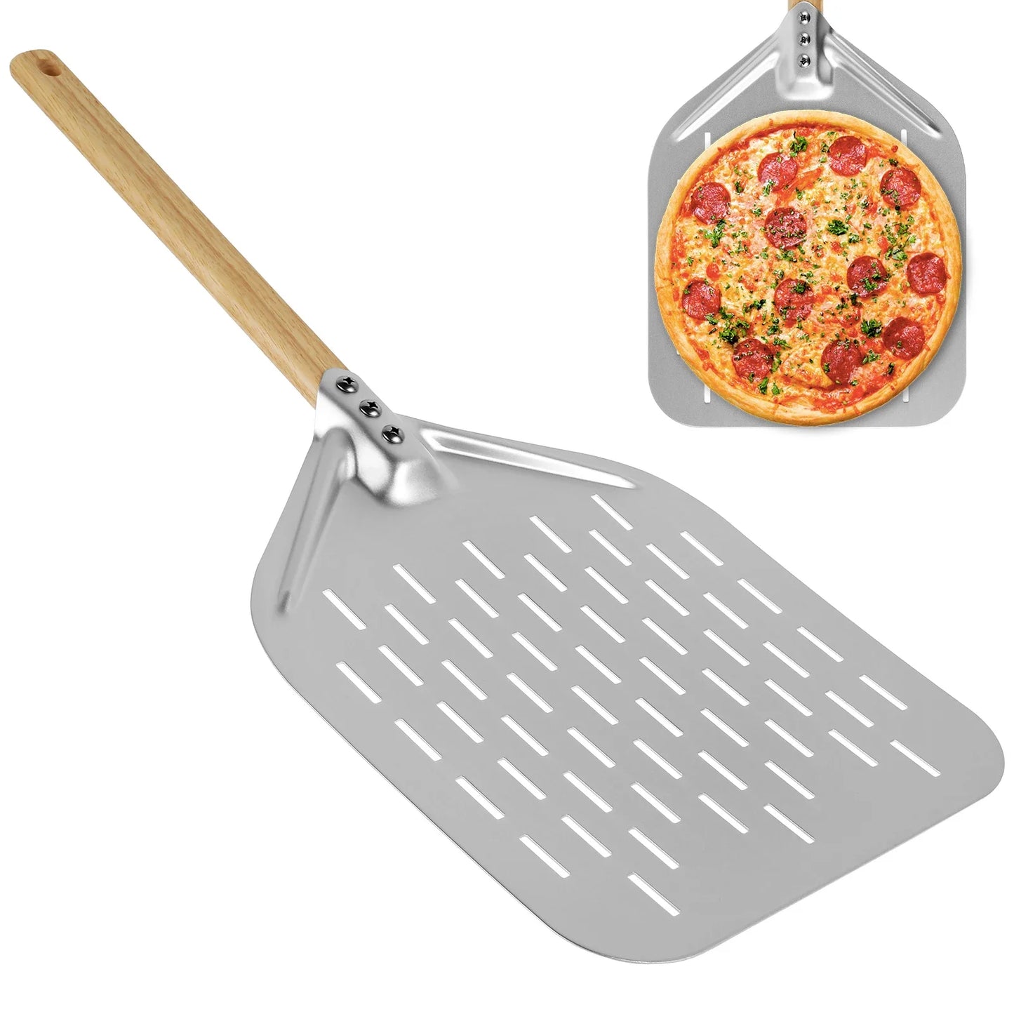 Pá de Pizza Antiaderente com Cabo de Madeira – 6.5"/10"/12" Polegadas | Bandeja de Transferência para Pizza, Bolo e Pães