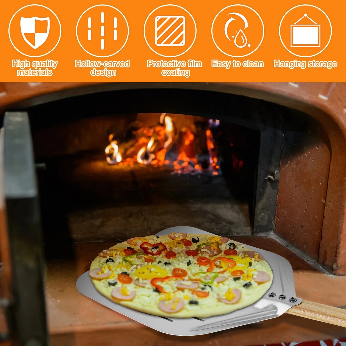 Pá de Pizza Antiaderente com Cabo de Madeira – 6.5"/10"/12" Polegadas | Bandeja de Transferência para Pizza, Bolo e Pães