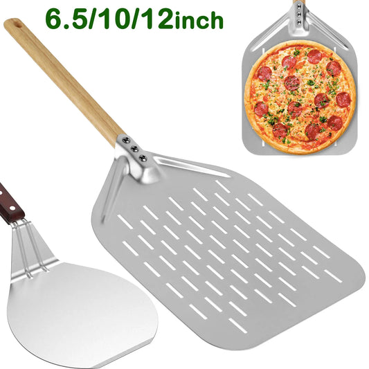 Pá de Pizza Antiaderente com Cabo de Madeira – 6.5"/10"/12" Polegadas | Bandeja de Transferência para Pizza, Bolo e Pães